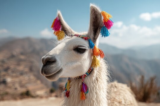 A white llama with colorful tassels on its ears, standing proudly in front of ancient Incan ruins under a clear sky