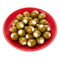 A vibrant red plate filled with stuffed green olives, showcasing a delicious appetizer