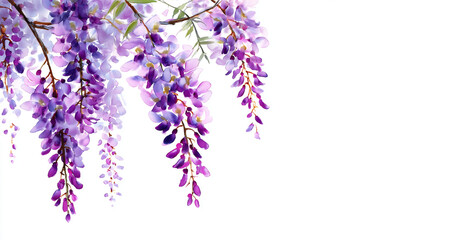 Bright Wisteria flowers on white solid white background, watercolour illustration, close up, top view, copy space. 