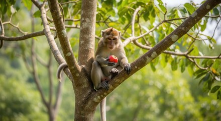 Monkey enjoying red fruit on tree branch