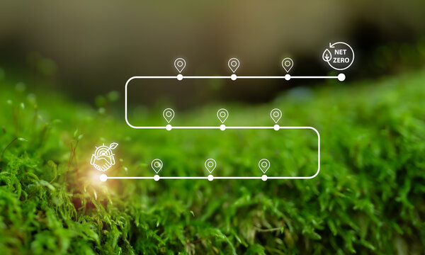Journey and green roadmap to Net Zero concept. Sustainability roadmap illustration showing progress points toward achieving net zero, symbolizing environmental commitment and ecological responsibility