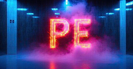 Naklejka premium Bright neon letters PE illuminate smoky room. Blue lighting creates dramatic, futuristic atmosphere. Minimalist design emphasizes bold typography.