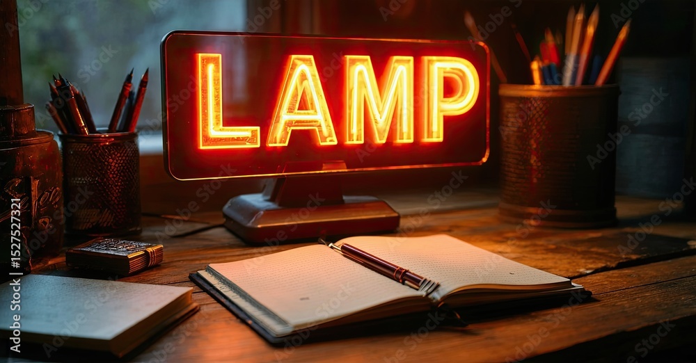 Poster warm light illuminates desk setup. open notebook, pens, lamp create cozy workspace. books, container