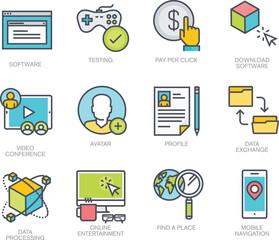 Software, Testing, Pay-Per-Click, and Data Exchange Icons A Comprehensive Set of Vector Illustrations
