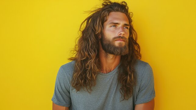 handsome man with long curly hair and beard