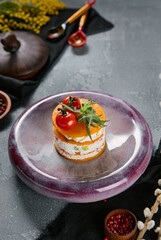Pumpkin millefeuille with tofu, contemporary plating, vibrant lighting, minimalist composition