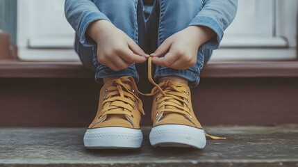 young child tying shoelaces for the first time, sitting on a porch step, focus on hands and shoes 
