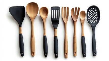Kitchen utensils including spatulas and wooden spoons, ideal for cooking and baking tasks in various shapes.