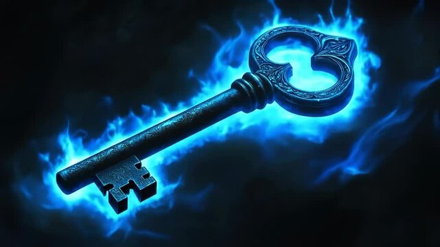 Ornate Key Glowing with Blue Energy on Dark Background