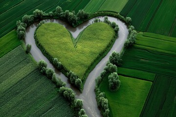 Heart-shaped island surrounded by river in lush green farmland