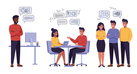 Three people working at their desks with computers laptops and books in a modern office setting