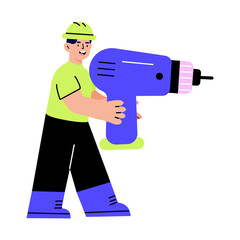 Flat illustration showing a factory worker holding a drill machine