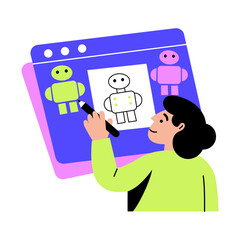 Flat style illustration showing a character making robot blueprint