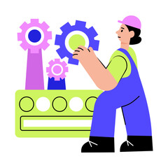A flat style illustration showing mechanical engineer at workstation