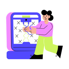 Flat style illustration showing a character using 3d printer machine