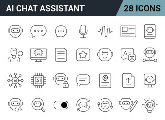 AI Chat Assistant Line Editable Icons Set. Includes Messaging, Voice, Translation, AI Avatar, Documents, Reactions & More. Vector Illustration.