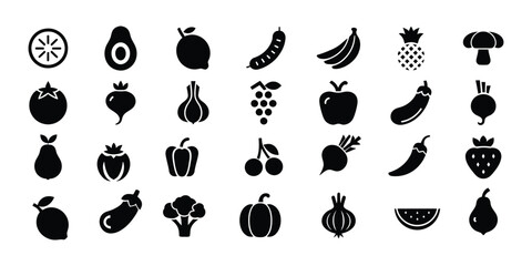 Organic Fruit & Vegetable icon  set, A Comprehensive Collection of Diverse Fruit and Vegetable Silhouettes, Perfect for Healthy Eating and Food-Themed Designs