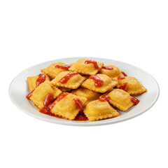 Delicious plate of golden ravioli drizzled with vibrant red sauce on a white dish