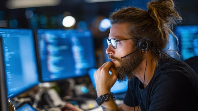 Focused Programmer: A bearded programmer with glasses and a headset intensely focuses on multiple computer screens filled with lines of code in a dimly lit office.
