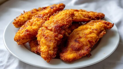 Crispy Breaded Chicken Strips on a White Plate