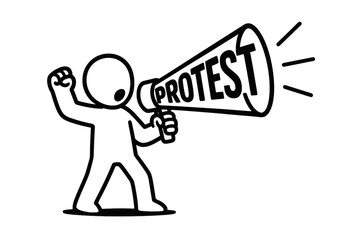 stick figure shouting protest through megaphone in bold minimalist style