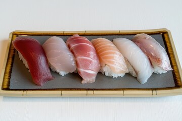 Assorted Sushi Selection on Plate with Colorful Fish Varieties