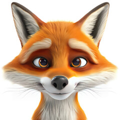 Obraz premium 3d funny cartoon sly fox face close-up, isolated, on white background. Comic character, funny print, illustration for ironic advertising, sketch for logo.
