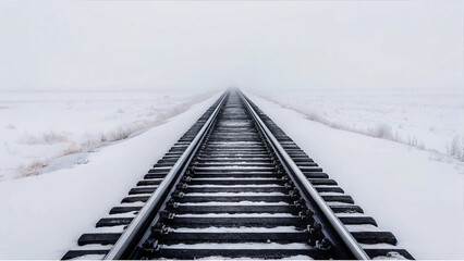 Snow Covered Train Tracks Disappear into Thick Winter Fog