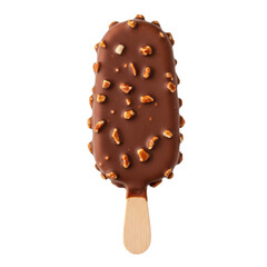 Chocolate-coated ice cream bar with nuts on a wooden stick against a white background