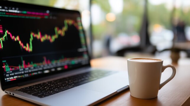 Stock market analysis takes place in a cafe setting with a coffee beside a laptop during early morning hours