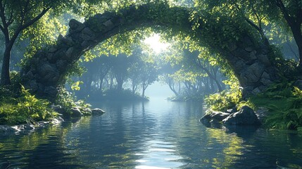 Lush tranquil landscape with vibrant trees arching over serene water, ideal for peaceful reflection content.