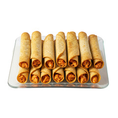 A delicious platter of crispy chicken taquitos arranged neatly on a glass tray