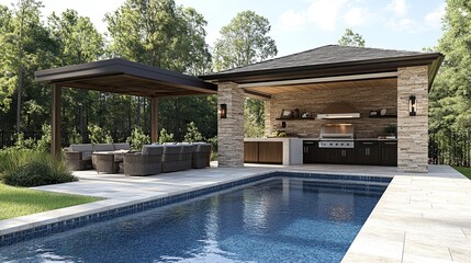 Luxury resort with travertine pavers, pool, cabana, and modern outdoor kitchen with stone grill