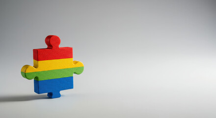 Colorful wooden puzzle piece on gradient background, Autistic Pride Day diversity