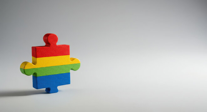 Colorful wooden puzzle piece on gradient background, Autistic Pride Day diversity - Powered by Adobe