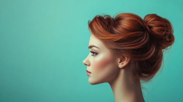 redhead woman profile shot elegant updo hairstyle