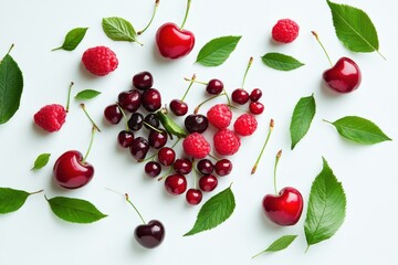 Fresh Berries and Cherries with Green Leaves on White Background