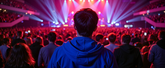 Fototapeta premium Teenage boy waiting alone in packed concert venue at night, solitude