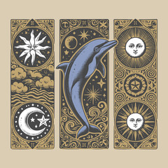 vintage-inspired dolphin crest in classic vector lines for sea creature collectible cards