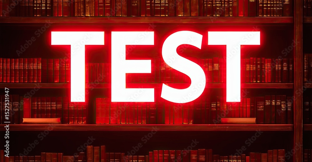Aufkleber bright word test illuminated against bookshelf backdrop. red tones dominate, creating dramatic visua