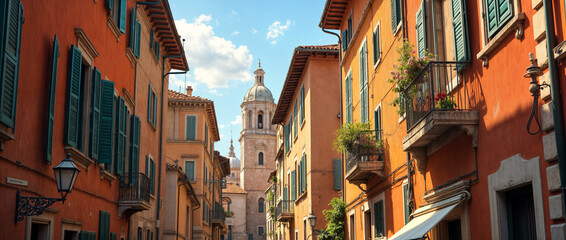 Obraz premium AI Generated Picturesque Italian City Street with Colorful Shutters and Historic Architecture