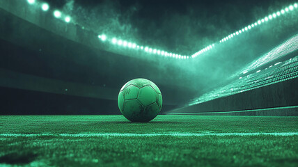 Soccer Ball on Floodlit Field at Night. A close-up shot of a soccer ball resting on a vividly green turf under powerful stadium lights. The background features illuminated grandstands