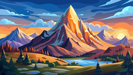 Majestic Mountain Landscape with River Illustration