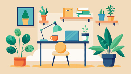 Fototapeta premium Cozy Home Office Workspace with Laptop and Indoor Plants Illustration