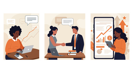 Diverse group of business professionals collaborating in an office setting with speech bubbles indicating communication