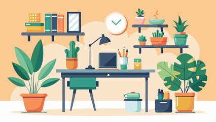Cozy Home Office Workspace with Laptop and Indoor Plants Illustration