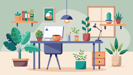 Cozy Home Office Workspace with Laptop and Indoor Plants Illustration