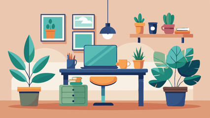 Cozy Home Office Workspace with Laptop and Indoor Plants Illustration