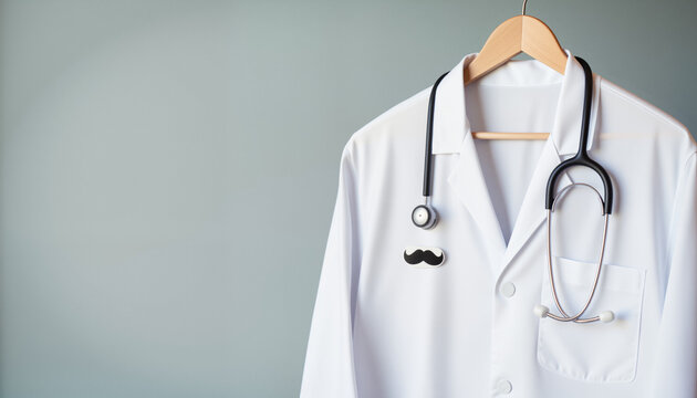 White medical coat with stethoscope and mustache sticker, Father's Day humor