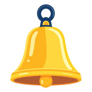 A gold bell with a round clapper hanging from a dark blue loop